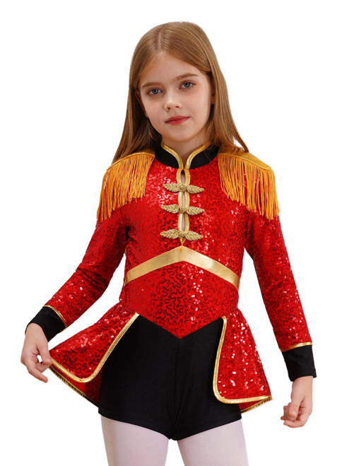 Lorilida Girls Circus Magician Drummer Costume Kids Sequins Long Sleeve Bodysuit Halloween Ringmaster Outfit Red 10 Years