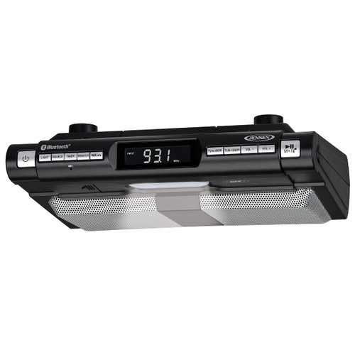 Jensen Modern Wireless Under Cabinet Kitchen Universal Bluetooth Music System, FM Radio, Clock LCD Digital Display , Built-in Hands-free Mic & Speakers (Includes Mounting Hardware)