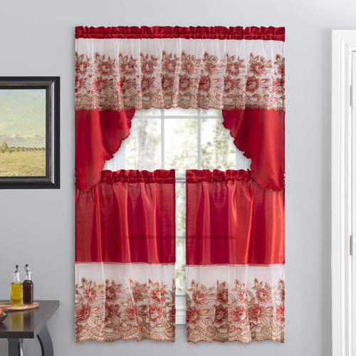 American Linen 3 Piece Sequin Embroidered Window Curtain Set – Valance and Tiers – Kitchen, Living Room, or Bathroom Curtains