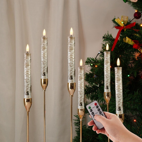 Eywamage Birch Bark Flameless Taper Candles with Remote, Short Wood LED Wax Candlesticks Flickering Battery Operated Set of 6