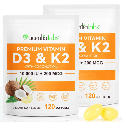 【live】Acentiallabs Vitamin D3 10000 Iu Plus K2 200 mcg, 300 Virgin Coconut Oil Softgels| 2 in 1 Vitamins D & K Complex