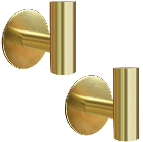 Biomoty Brushed Gold Adhesive Wall Hooks 2 Packs, Heavy Duty Sticky Towel Hooks for Bathroom Kitchen Door, Wall Mounted Stick on Hook for Coat Towels Keys Robe (Gold)
