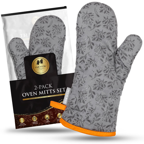 Premium Heat-Resistant Oven Mitts - Stylish and Beautiful - Non-Slip Platinum Silicone Grip - Long and Thick - 100% Natural Cotton Exterior and Soft Terry Cloth Lining - Cook'n'Chic Set of 2 - Gray