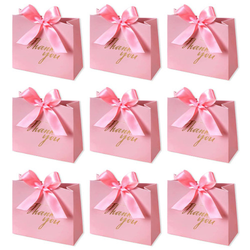 24Pack Small Thank You Party Favor Bags Treat Boxes with Rose Red Bow Ribbon, Pink Pattern Paper Gift Bags Bulk for Wedding Baby Shower Business Party Supplies