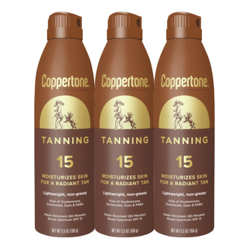 Coppertone Tanning Sunscreen Spray with Broad Spectrum SPF 15, Water Resistant Spray Sunscreen, Lightweight and Non-Greasy, 5.5 Oz, Pack of 3