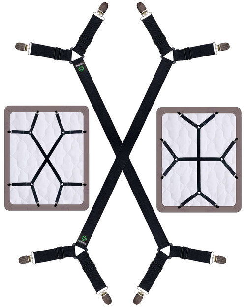FIBOOMERANG Bed Sheet Straps - Crisscross Fitted Sheet Clips and Sheet Holder Elastic Bands Bedsheet Fasten Suspenders Grippers, 2Pcs/Set Black
