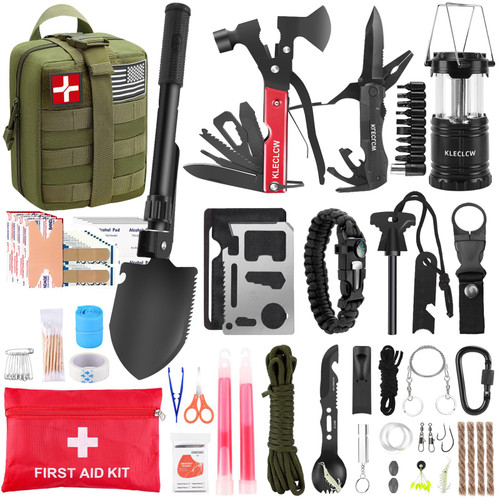 Gifts for Men Christmas Survival Kit and First Aid kit, 160 Pcs Emergency Supplies Camping Accessories with Upgraded Molle Bag, and Women Outdoor Adventure Camping Hiking Hunting (Green)