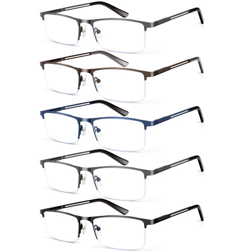 KONHAGO Blue Light Blocking Reading Glasses for Men, Half Frame Metal Readers Spring Hinge Eyeglasses Anti Eyestrain/Glare/UV