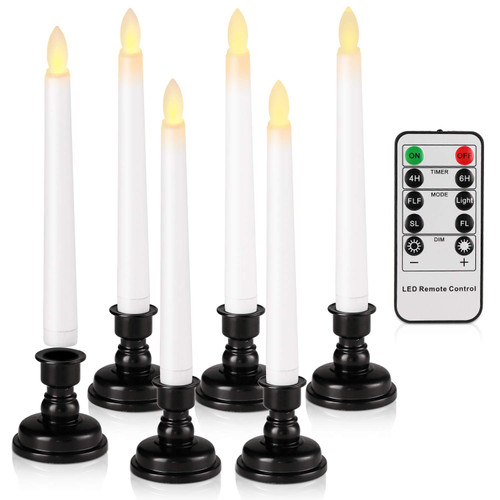 FREEPOWER Set of 6 Flameless Window Taper Candles with 6PCS Black Base, Battery Operated FlickeringTaper Candle with Remote and 4H/6H Timer,for Christmas Home Wedding Decor..
