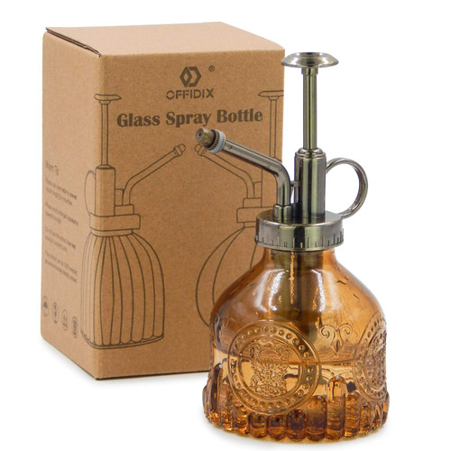 OFFIDIX Glass Watering Spray Bottle,Plant Mister Watering can Indoor with Bronze Plastic Top Pump,One Hand Glass Small Watering Can for Outdoor Indoor Garden,Cleaning Solutions and Home Decora(Brown)