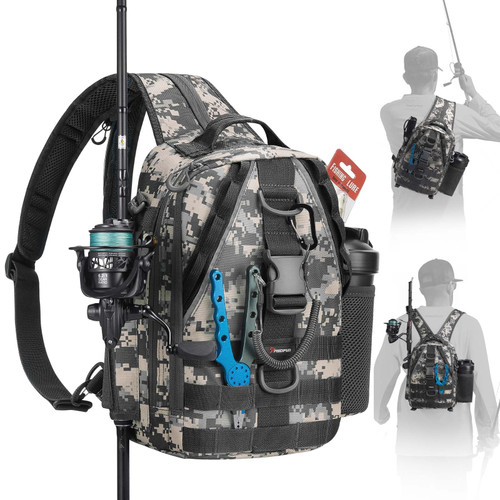 Piscifun Fishing Backpack with Rod Holder, Lightweight Sling Tackle Bag Storge Gear and Equipment, Standard Digital Camouflage