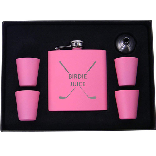 Birdie Juice Flask, Funnel, Shot Glasses, and Gift Box - Golfing Birdie Juice Hip Stainless Steel Metal Matte 6-Ounce Golf Bag Flask (Pink)