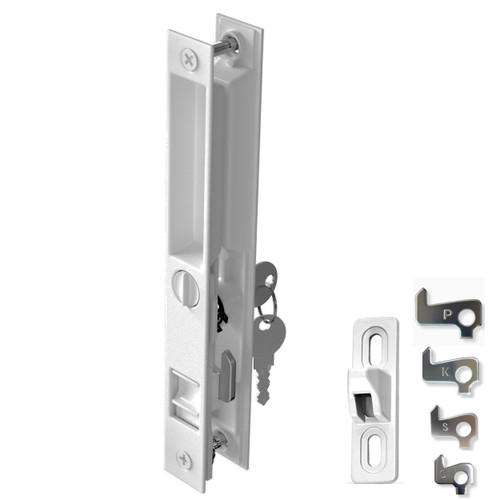 T-HAKEN Sliding Glass Door Handle Set | 6‑5/8″ Hole‑Center, Flush‑Mount Hook Style, Non‑Handed, Fits 1″–1 1/8″ Thick Doors – Keyed (White)