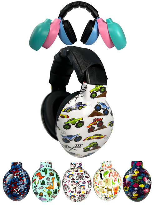 ZIPZ Baby & Toddler Earmuffs - ANSI-Certified Noise Protection, Audiologist-Recommended, Interchangeable Shells (0-4 Yrs) - Cars/Trucks