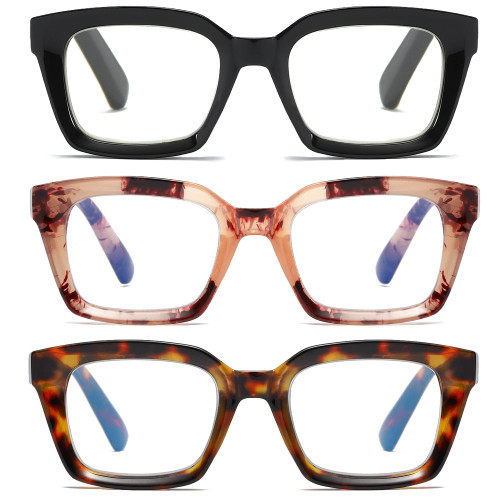 ZXYOO 3 Pack Oversize Square Design Reading Glasses for Women, Blue Light Blocking Computer Reader（Black & Pink & Leopard+1.00）