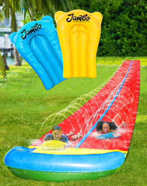 JAMBO 24Ft XL Slip Splash and Slide and 2 Bodyboards, Heavy Duty Lawn Water Slide, Summer Water Toy with Sprinkler for Backyard Outdoor Water Fun n Toys for Kids, Splash Mat Splash Pad