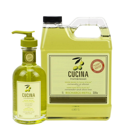 Cucina Fruits & Passion Coriander and Olive Tree Hand Soap Set, 6.7 fl oz Glass Bottle and 33.8 fl oz Refill, Made in Canada Cucina Fruits & Passion Coriander and Olive Tree Hand Soap Set, 6.7 fl oz Glass Bottle and 33.8 fl oz Refill, Made in Canada