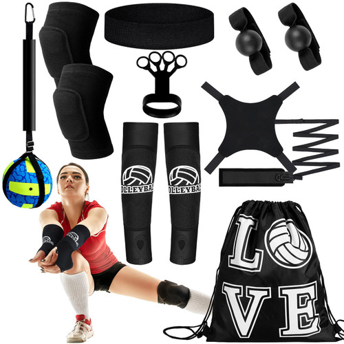 Wettarn 8 Set Volleyball Training Equipment Aid Solo Volleyball Trainer Gift Kit to Practice Serve Include Elastic Resistance Belt Set Spike Trainer Hand Straps Arm Sleeves Knee Pads Backpack Headband