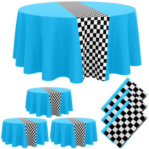 Oudain 3 Pcs Cars Birthday Party Supplies Racing Party Decorations Round Racing Tablecloth Checkered Flag Table Covers Road Plastic Table Cloth, 1950s Disco Dancing Party Tablecloth (Light Blue)