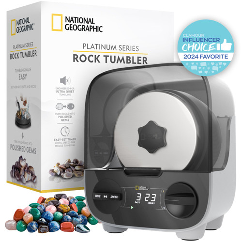 National Geographic Platinum Series Ultra Quiet Rock Polisher Kit - Patent-Pending for Kids & Adults, 2 lb. Barrel, Rocks, Grit, GemFoam, Rock Tumblers