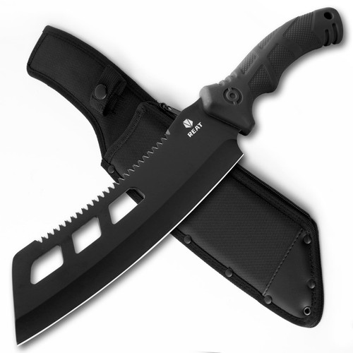 REAT 16" Heavy Duty Machete with Saw & Sheath - Dual-Purpose Gardening Knife for Chopping & Sawing, Ergonomic No-Slip Handle