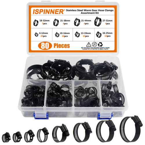 ISPINNER 80pcs 8 Sizes Stainless Steel Adjustable 6-51mm Range Worm Gear Hose Clamps Assortment Kit (Black)