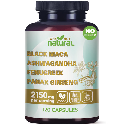 Why Not Natural 4-in-1 Organic Black Maca Root, Ashwagandha, Fenugreek, Panax Ginseng Capsules, Supplement for Men and Women