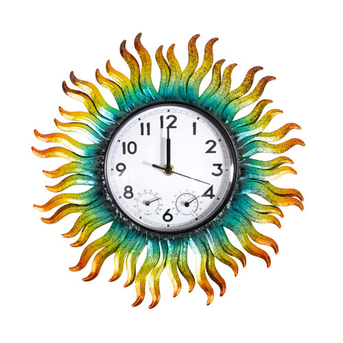 HOBYLUBY 13'' Sun Outdoor Clock, Wall Clock with Thermometer & Humidity Silent No-Ticking Waterproof for Patio, Living Room, Kitchen