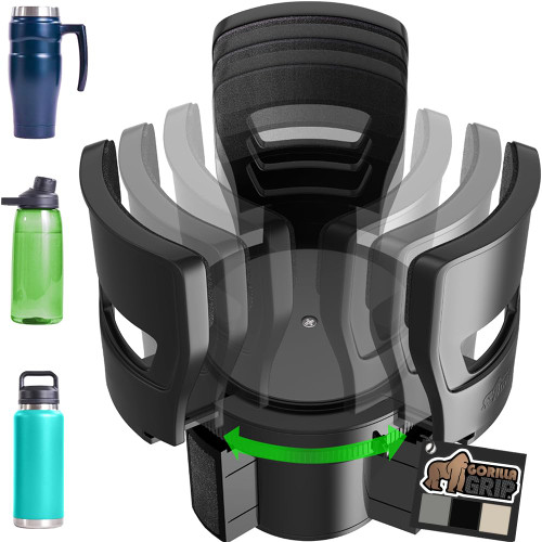 GORILLA GRIP Patent Pending Adjustable Car Cup Holder Expander, Keeps Water Bottle Secure, Expands to Fit 18 to 48 oz Large Bottles, Yeti, Owala, Stanley with Handle, Coffee Mug Insert for Cars, Black