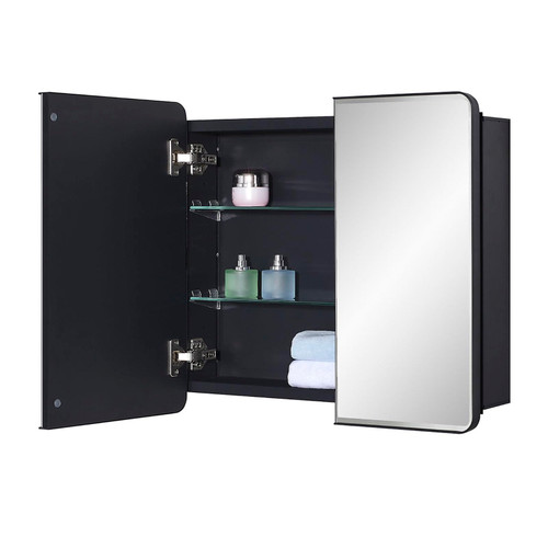 IDYLLOR Black Bathroom Medicine Cabinet with Round Corner Framed Door and Beveled Edge Mirror 22 x 20 inch, Recessed or Surface Mount, with Adjustable Glass Shelves