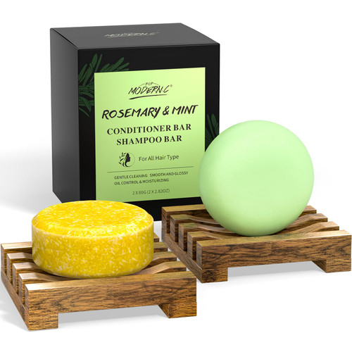 POP MODERN.C Rosemary Solid Shampoo and Conditioner Bar Set for Hair Growth, Moisturizing, 160g, 2.8219 Ounce, 2x80g Soaps, 2 Wooden Holder, Mother's Day Gift