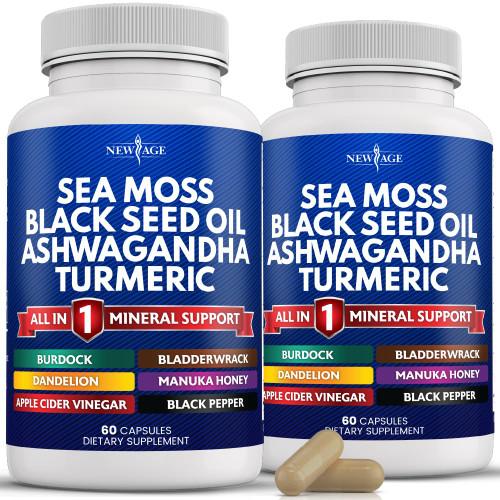 NEW AGE Sea Moss Capsules, Black Seed Oil Ashwagandha Turmeric Bladderwrack Burdock - with Manuka, Honey Dandelion, ACV Black Pepper Gluten Free