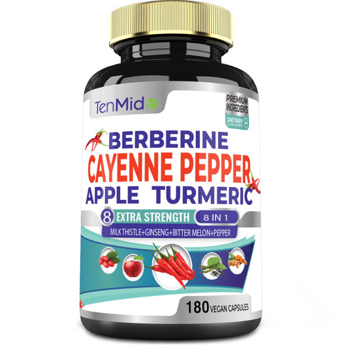 Cayenne Pepper Supplements Extract Capsules, 180 Capsules & Berberine, Apple, Turmeric Curcumin, Bitter Melon, Ginseng, Milk Thistle | Supports Heart Health, Promotes Digestive Function