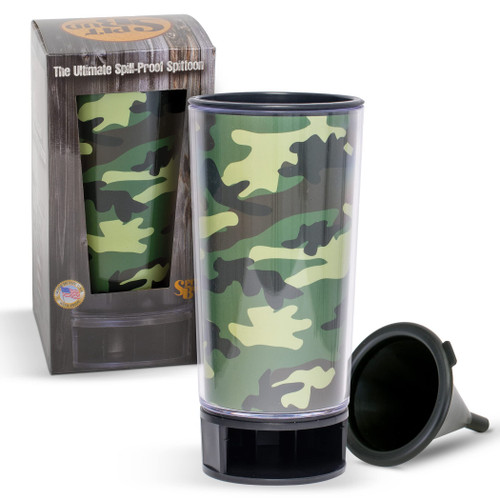 Spit Bud Woodland Camo The Ultimate Spittoon for Chew - Portable Dip & Snuff Cup with Lid, Pop Tab, Spill-Proof Funnel, Can Cutter & Holder - Fit in Cup Holders - Holds 8oz - Made in USA