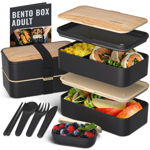 Bentoheaven Premium Bento Box Adult Lunch Box with Compartments for Women & Men, Set of Utensil & Chopsticks & Dip Container, Cute Japanese Kids Bento Lunch Box, Microwavable (Symph Onyx)