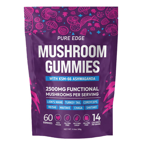 Pure Edge Mushroom Gummies with Ashwagandha – Delicious Vegan Gummies for Natural Energy, 2500mg, Vegan, Low CarbMixed Fruit Flavor 60 Gummies (1) Pure Edge Mushroom Gummies with Ashwagandha – Delicious Vegan Gummies for Natural Energy, 2500mg, Vegan, Low CarbMixed Fruit Flavor 60 Gummies (1)
