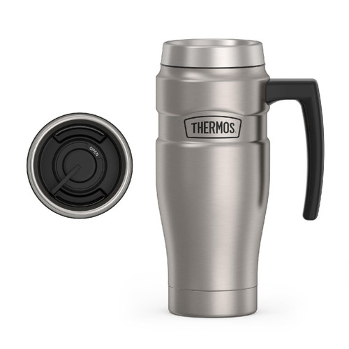 THERMOS Stainless King Vacuum-Insulated Travel Mug with Handle - 16oz, Matte Steel - Thermos Tumbler for Hot & Cold Drinks - Leak-Proof & Sweat-Proof Stainless Steel Coffee Mug with Lid for Commuting