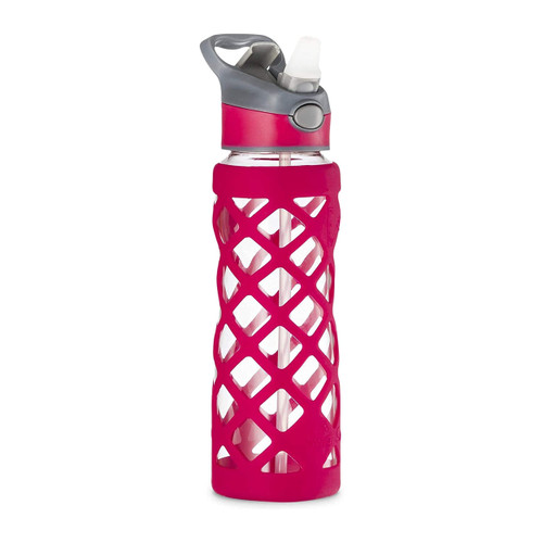 Swig Savvy Sports Leakproof Wide Mouth Glass Water Bottle with Straw and Silicone Sleeve, 25 Ounces, Pink