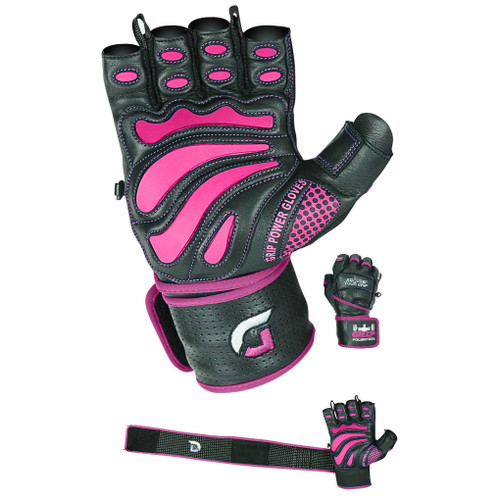 Grip Power Pads Women's Elite Leather Gym Gloves, 2" Wrist Wraps, Pink Fitness, Workout Training Gloves (Pink, X-Small)