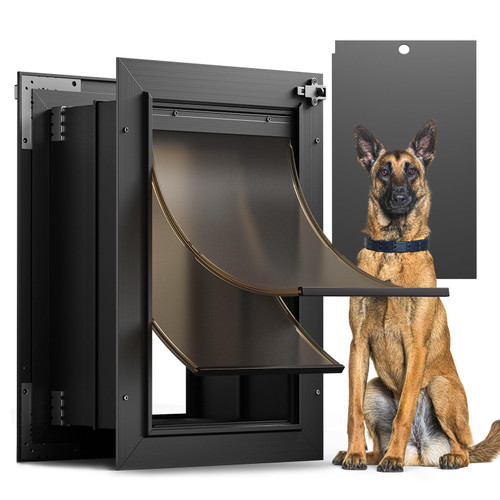 Dog Door for Wall, All Aluminum Large Doggy Door Doggie door, Pet Door Easy to Install, 2 Magnetic Flaps Energy Efficient, Wide Telescoping Tunnel for Interior & Exterior Walls, Pet Up to 110 Lb-Black