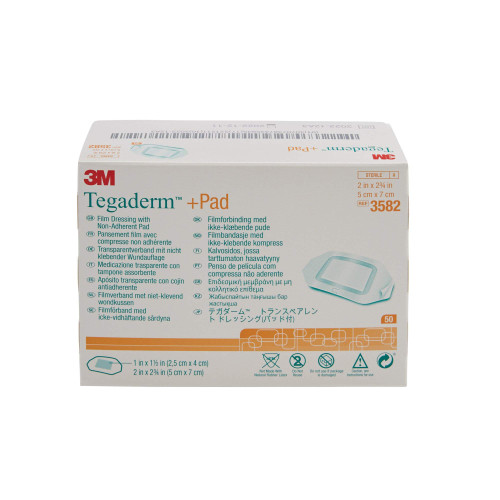 3M Tegaderm +Pad Film Dressing with Non-Adherent Pad, Sterile Dressing with Waerproof Bacterial Barrier and Absorbent Pad, 2" Square, Box of 50