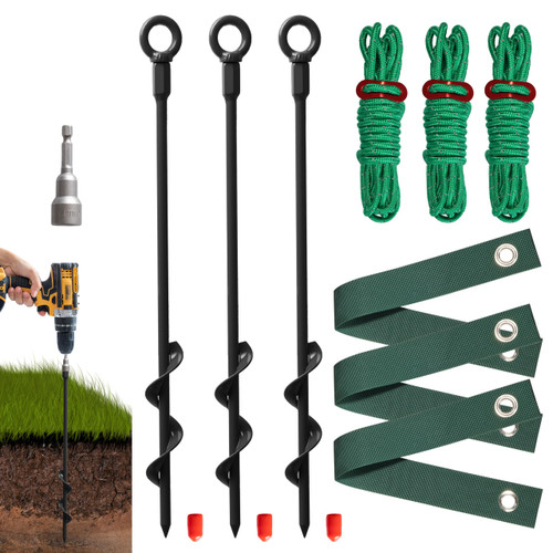 VASGOR Heavy Duty 16” Tree Stakes and Supports for Young Trees, Set of 3 Tree Stake Kit with 3 Straps for Staking and 39 Feet Rope, Can be Used with Drill (Adapter Included) (Black - Set 3) VASGOR Heavy Duty 16” Tree Stakes and Supports for Young Trees, Set of 3 Tree Stake Kit with 3 Straps for Staking and 39 Feet Rope, Can be Used with Drill (Adapter Included) (Black - Set 3)
