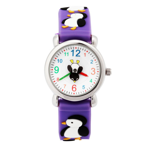 Jewtme Kids Time Teacher Watches 3D Cute Cartoon Silicone Children Toddler Wrist Watches for Ages 3-10 Boys Girls Little Child Penguin Purple