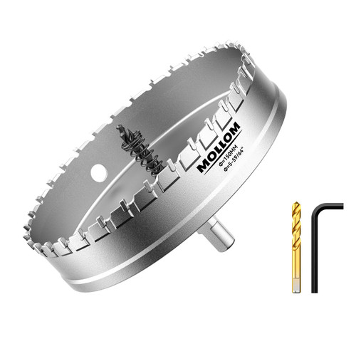 Mollom (6''|152mm) Heavy Duty Carbide Hole Saw with 2 Pilot Drill Bits, Hole Cutter cuts Stainless Steel, mild Steel, Iron, Copper, Brass, Plastic