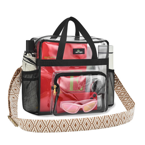 MAY TREE Clear Bag for Stadium Events, 12x6x17 Clear Tote Bag with Removable Strap, Transparent Bag for Concert Sports Gym, Beige Cube-Strap