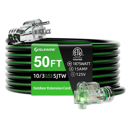 islewire 50FT 10/3 Outdoor Extension Cord, 10 AWG Ultra Heavy Duty 3-Prong SJTW, Waterproof, Flexible Cold-Resistant, Indoor/Outdoor, LED Lighted End, 15 Amp 1875W, Black & Green, ETL Listed