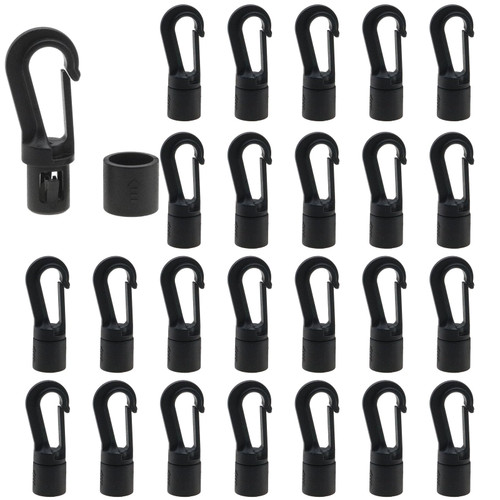 Safycaby 25 PCS Kayak Bungee Shock Cord Hooks Black Plastic Snap Hooks 1/4 Inch Cord Rope Terminal Ends