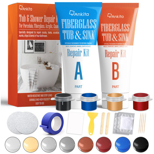 Fiberglass Tub Repair Kit(Color Match), Fiberglass Shower and Acrylic Bathtub Repair Kit for Scratches, Cracks, Chips, Holes on Porcelain, Enamel, Tubs, Tile, Sink, Fix Chipped Almond Bath Tub