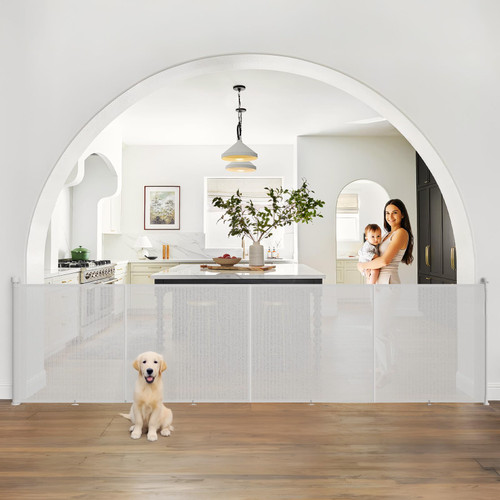 Upgrade Retractable Baby Gates Extra Wide(200" W x 42" H), 200 inch Reinforced Retractable Dog Gate to Prevent Crawling Through, Retractable Gate Outdoor/Indoor, Real One-Handed Operation, White