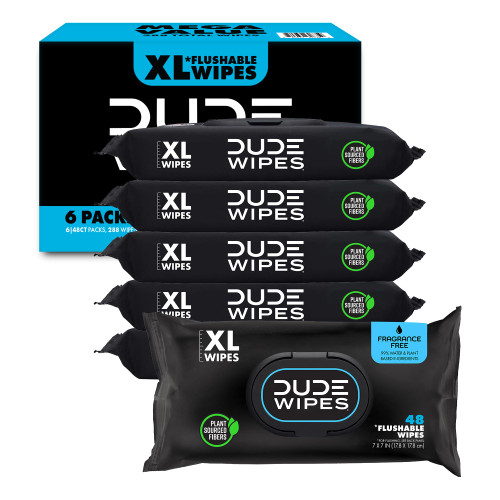 DUDE Wipes - Flushable Wipes - 6 Pack, 288 Count - Unscented - Extra-Large - Vitamin-E & Aloe - Septic and Sewer Safe
